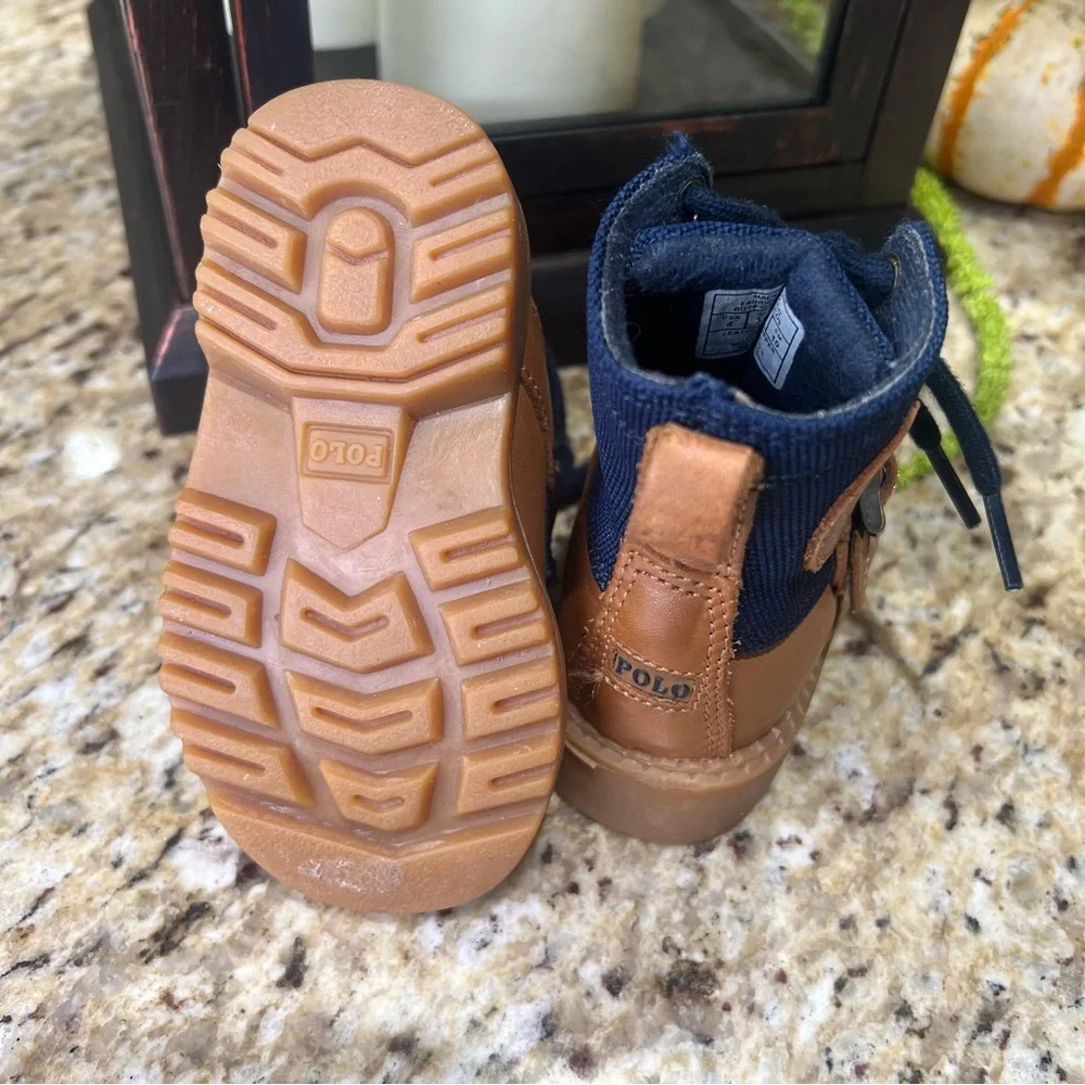 Polo Ralph Lauren Kids Hi Ranger  Flat Tan Brown Navy Blue Boots 4